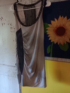Salvage Studded Shimmery Ruched Dress With Mesh Back And Chain Detail. M